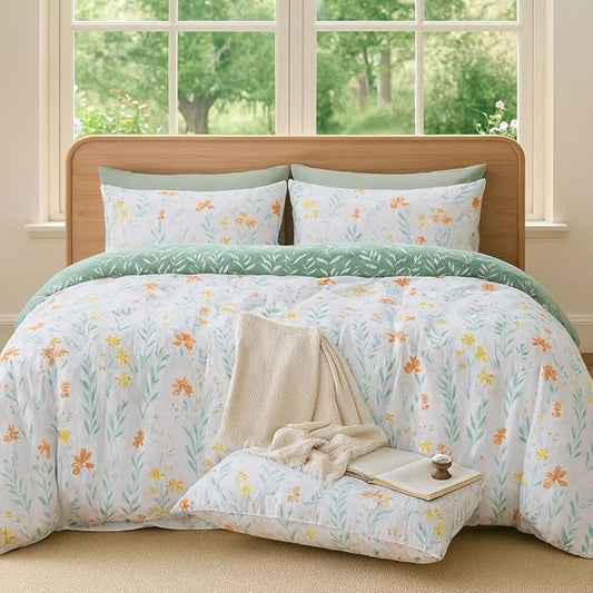 White Green Floral Microfiber Duvet Cover Set 3Pcs King Bedding Comforter Cover Reversible Quilt Soft Bedspread Zipper Closure Tie Modern Farmhouse Boho Cottage Style Luxury Bedroom Decor Bedding