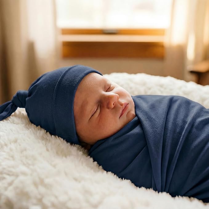 Large Jersey Knitted Swaddle Blanket for Baby, Soft Stretchy Receiving Blanket for Newborns with Hat, Baby Nursery Swaddle 47 x 47 inches(Navy)
