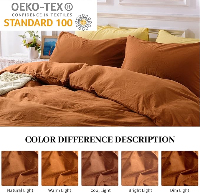 NEXHOME PRO Terracotta Burnt Orange Duvet Cover Set King Size Linen Textured Organic Natural 100% Washed Cotton Duvet Cover Fall Caramel 3 Pieces Bedding Set with Zipper Closure, Soft(No Comforter)
