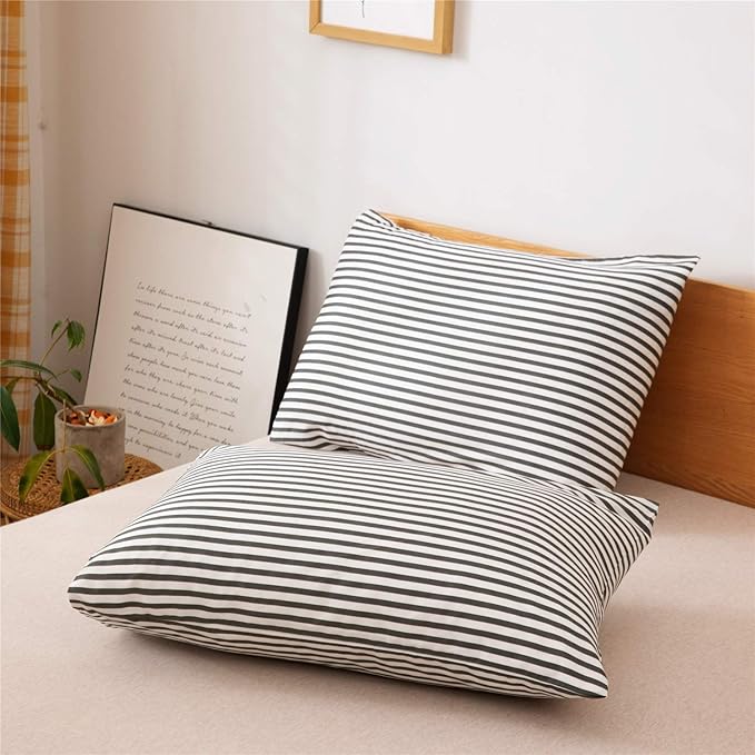 JELLYMONI 100% Natural Cotton 3pcs Striped Duvet Cover Sets,White Duvet Cover with Dark Grey Stripes Pattern Printed Comforter Cover,with Zipper Closure & Corner Ties(King Size)