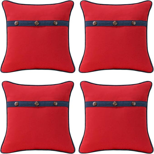 Outdoor Sunbrella Decorative Pillows with Triple Coconut Buttons Pack of 4, 18" x 18" Outdoor Pillow Set for Couch Bed Throw Patio Sofa, Canvas Logo Red/Specrtum Indigo