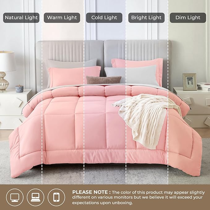 Sasttie California King Comforter Set, 7 Pieces Reversible Cal King Bed in a Bag, Complete Bedding Set Includes Comforter, Flat Sheet, Fitted Sheet, Pillowcases and Pillow Shams, Pink & Light Grey