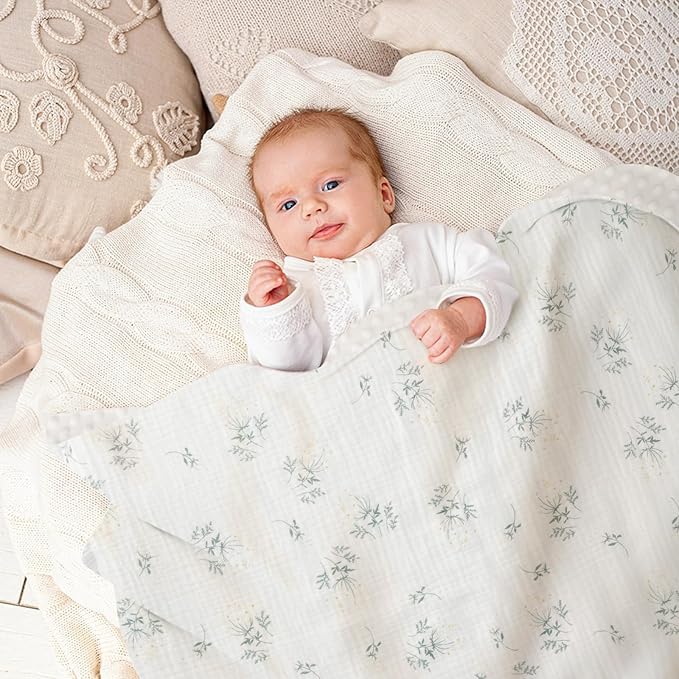 Cotton Muslin Front Fluffy-Backed Baby Swaddle Blankets Double Layer Nursery Plush Dotted Fleece Back Receiving Bed Quilt Blanket for Unisex Newborn Toddler Boys Girls 30 x 41 Inches