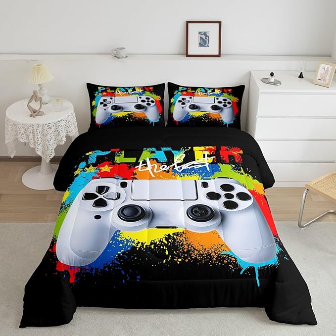 Gamer Comforter Sets for Boys Kids Gaming Comforter Twin Size Teens Girls Colorful Rainbow Tie Dye Decor Video Games Controller Bedding Set Young Men Player Reversible Quilt Set for All Season 2Pcs