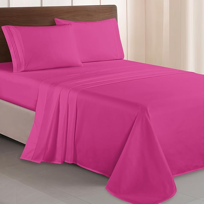 Elegant Comfort Luxurious 1500 Premium Hotel Quality Microfiber Three Line Embroidered Softest 4-Piece Bed Sheet Set, Wrinkle and Fade Resistant, Twin/Twin XL, Hot Pink
