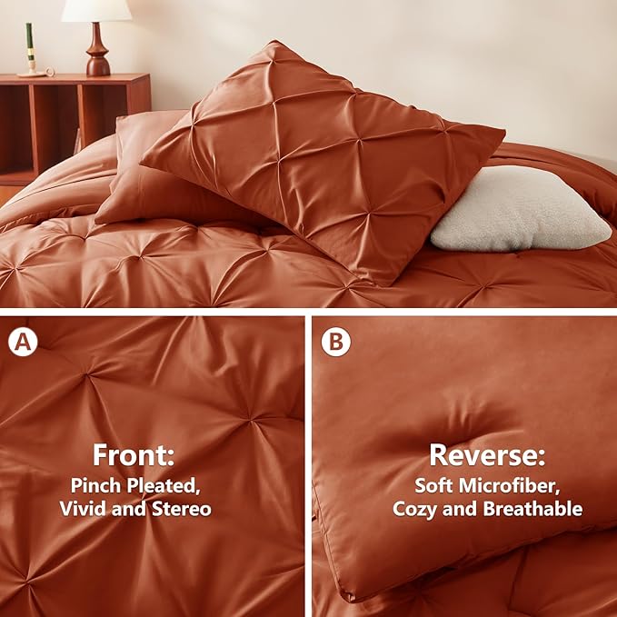 Queen Comforter Set Burnt Orange, 7 Pieces Pintuck Bed in A Bag Queen Size Bedding, Soft Bed Set All Season Pinch Pleat Comforter Set with Sheets, Pillowcases & Shams