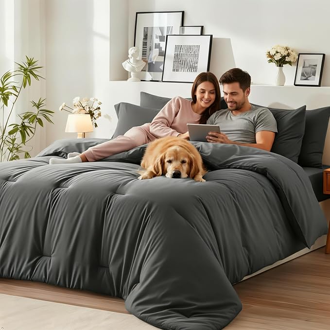 Oversized Queen Comforter Set 7 Pieces - Ultra-Soft Bed in a Bag, Cozy Luxury All Season Bedding Sets with Comforter, Flat Sheet, Fitted Sheet, 2 Pillow Shams & 2 Pillowcases, Dark Gray