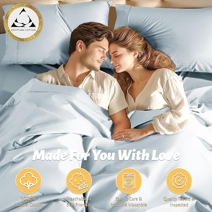 Shilucheng 100% Egyptian Cotton Queen Size Sheets Set - 1000 Thread Count，Luxury Cotton Bed Sheets，Breathable & Cooling Bedding and Pillow Cases, 16 Inch Deep Pocket - 4 Piece(Light Blue,Queen)