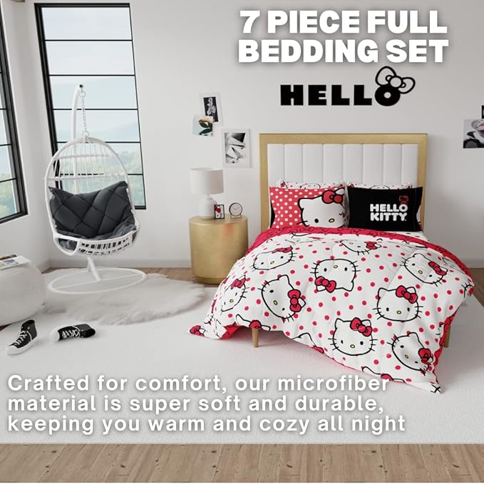 Franco Collectibles Hello Kitty Polka Dot Bedding 7 Piece Super Soft Comforter and Sheet Set with Sham, Full, (Official Licensed Product)