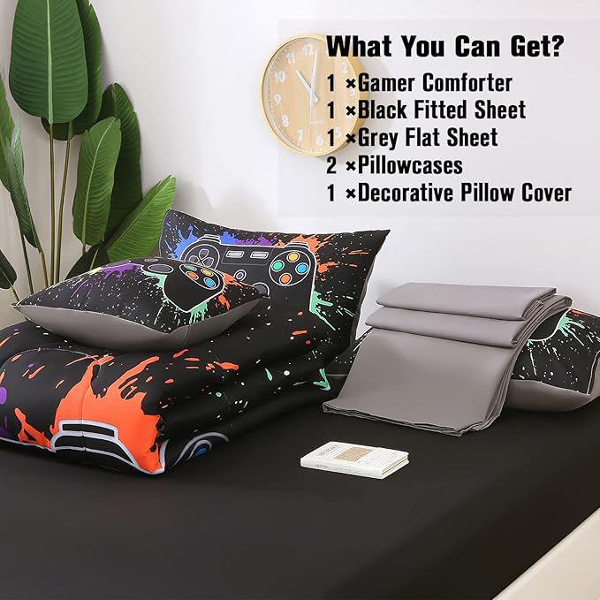 JQinHome Full Gamer Comforter Sets for Boys, 6 Piece Bed in A Bag 3D Video Game Bedding -All Season Soft Microfiber Gamer Bedding Sets, with Pillowcases, Flat Sheet, Fitted Sheet, Cushion Cover