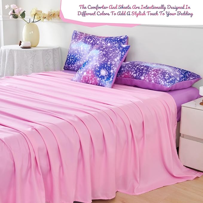 PERFEMET Girls Twin Comforter Set with Sheets 6-Piece Bed in a Bag Rainbow Fluffy Bedding Set for Girls Kids 3D Colorful Tie Dye Bedroom Bed Set (Purple Pink, Twin)