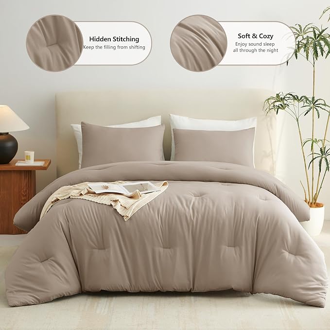 CozyLux Queen Comforter Set Khaki, 3 Pieces Solid Breathable Quilted Style Bedding Sets, Luxury Fluffy Soft Bed Set with Down Alternative Comforter for All Season (1 Comforter & 2 Pillowcases)