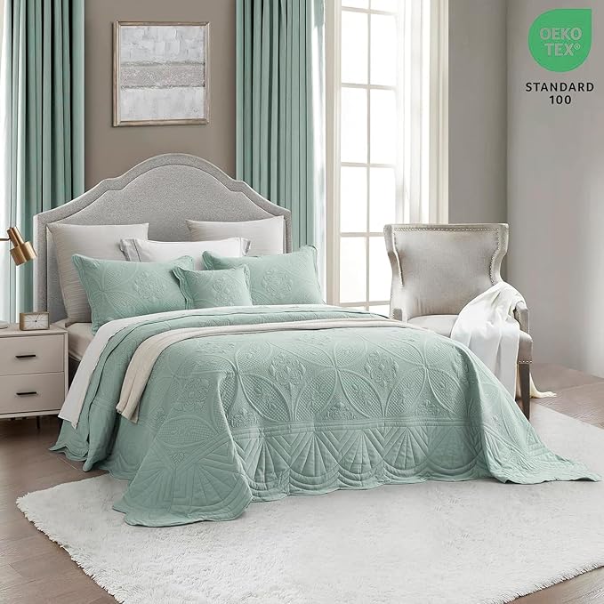 Oversized Bedspread - King Size Bedding Cover - Modern & Contemporary Coverlet Set, Real Stitching, Reversible, Lightweight, 5 Piece, Seaglass