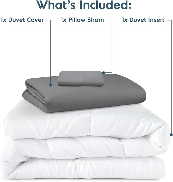 Nestl Twin Duvet Cover Set with Comforter Insert - Grey 3 Piece 68x90 Duvet Cover & 1 Pillow Sham with White Quilted Down Alternative Comforter, Ultra Soft, All Season