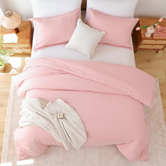 Whitney Home Textile Rose Pink Duvet Cover Set Queen Size - 3 Piece Luxury Soft Cooling Duvet Cover with Zipper Closure and Pillow Sham, Breathable Washed Brushed Microfiber, Comforter Not Included