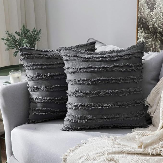 MIULEE Set of 2 Decorative Boho Throw Pillow Covers Linen Striped Jacquard Pattern Cushion Covers for Sofa Couch Living Room Bedroom 20x20 Inch Dark Grey