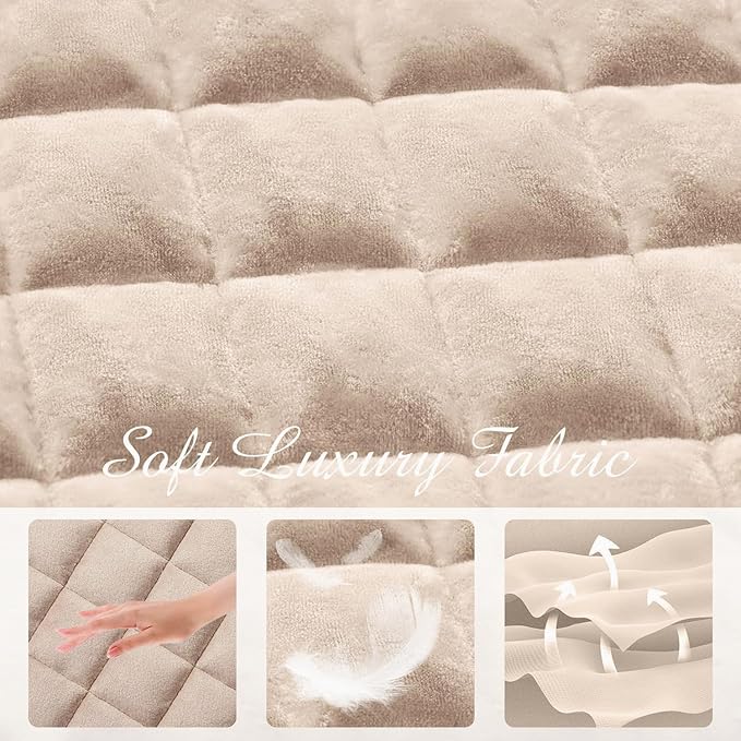 Luxury Velvet Quilt Set Queen Size, Comforter Set with Pillow Shams, Soft Lightweight Bedspread Coverlet Bedding Sets for All Seasons, Light Khaki