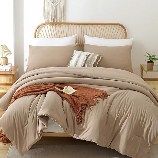 ROSGONIA Oversized King Comforter 128x120, 3pcs Super King Plus Comforter Set (1 Taupe Comforter & 2 Pillowcases) Lightweight Oversized King Bedding Set Quilt