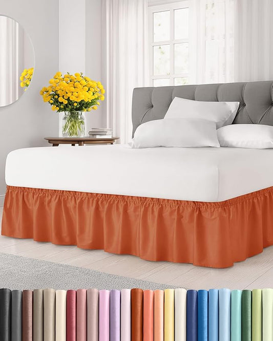 Wrap Around Dust Ruffle Bed Skirt - Terracotta - for Queen Size Beds w/ 12 Inch Drop - Easy Fit Elastic Strap - Adjustable Pleated Bedskirt w/Brushed Fabric - Wrinkle Free, Women, Men, Kids & Teens