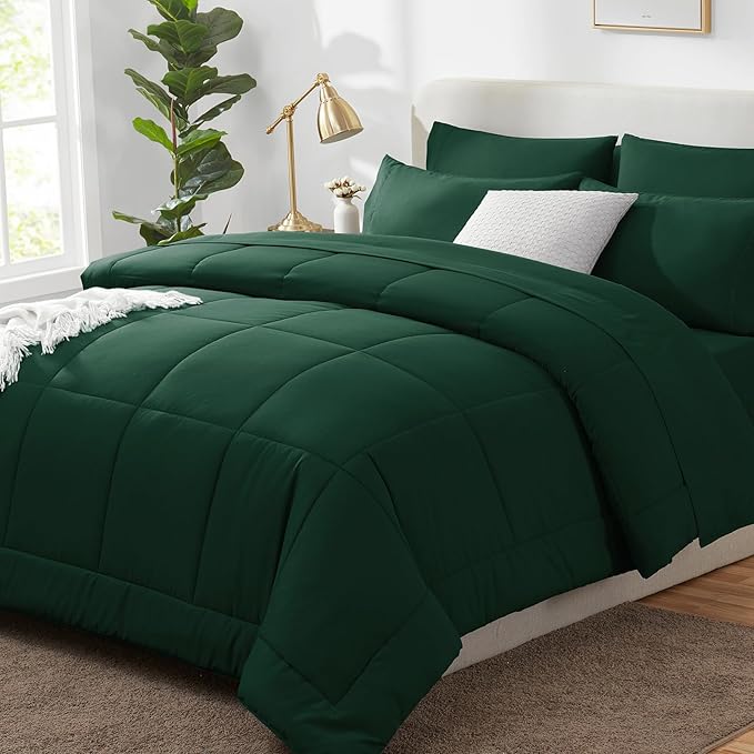 CozyLux Oversized King Comforter Sets Emerald Green, 7 Pieces Bed in a Bag, Ultra-Soft All Season Bedding Sets with Stitch Quilted Comforter, Flat Sheet, Fitted Sheet, Pillowcases, Emerald Green