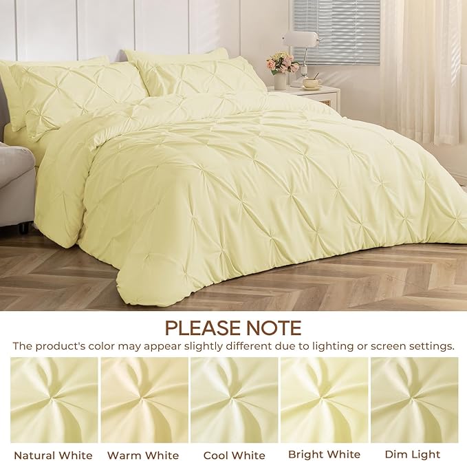 Sasttie California King Comforter Set, 7-Piece Bed in a Bag, Pintuck Bedding Sets for All Season, Includes Comforter, Flat Sheet, Fitted Sheet, Pillowcases and Pillowshams, Cream Yellow