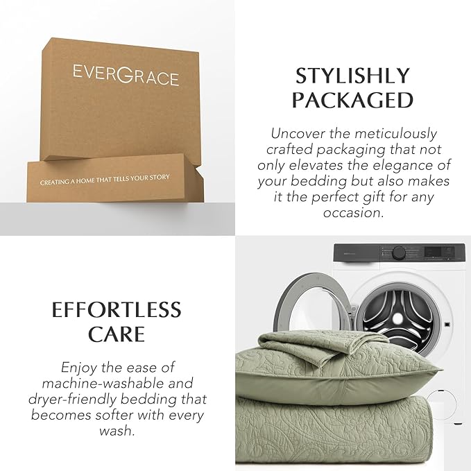 EVERGRACE 100% Cotton Paisley Quilt Set, Queen Size 3 Piece Set – Prewashed Lightweight Bedspread with 2 Shams, Soft & Breathable Matelasse Coverlet for All-Season Comfort, Light Sage Green