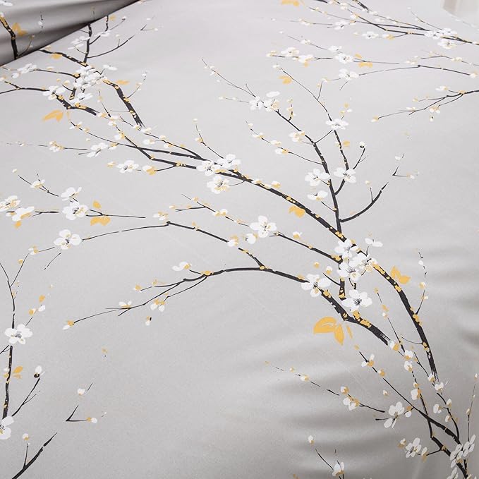 WONGS BEDDING Light Grey Duvet Cover Set Queen, Flower Plum Blossom Prnited Bedding Set with 1 Pillowcase,3 Pcs Soft Microfiber Comforter Cover with Zipper Closure for Kids 90"x90"(Not Comforter)