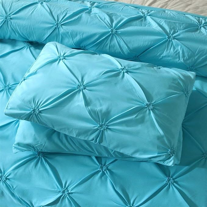 Feelyou Bedding Pinch Pleated Duvet Cover Set Twin Aqua Blue Pintuck Tufted Design Microfiber Polyester Bedding Sets Luxury Comforter Cover with 1 Pillow Shams, 2 Pieces