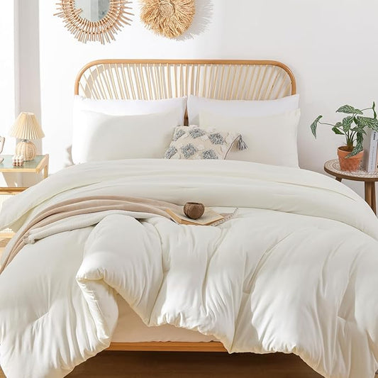 ROSGONIA Oversized Queen Comforter Ivory, 3pcs (1 Comforter & 2 Pillowcases) Lightweight Oversized Queen Comforter Sets Bedding Blanket Quilts