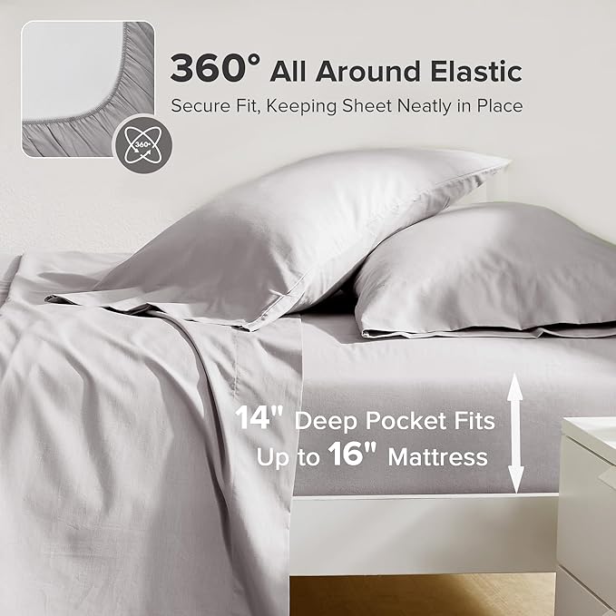 Comfort Spaces 100% Cotton Sheet Set Breathable, Lightweight, Soft with 14" Elastic Pocket Fits up to 16" Mattress, All Season Cozy Bedding, Matching Pillow Case, Full Grey 4 Piece