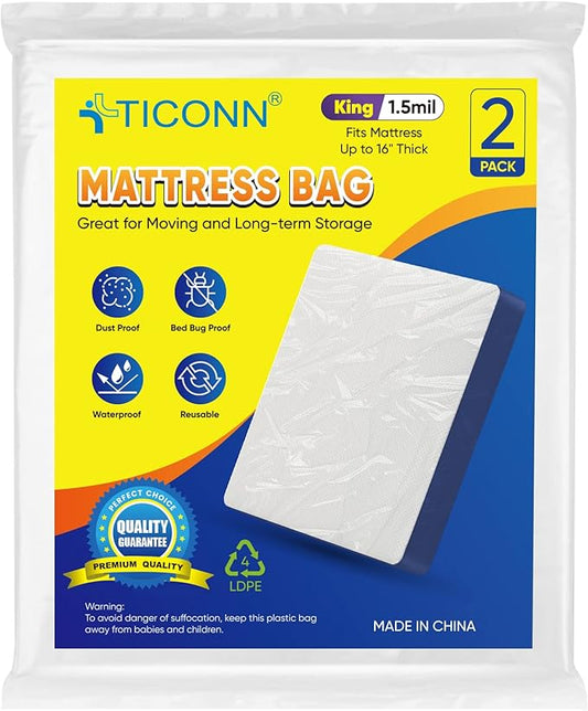 TICONN 2PK Plastic Mattress Bag for Moving Storage, Waterproof Mattress Protector Cover, Heavy-Duty Mattress Moving Supplies (1.5 mil, King)
