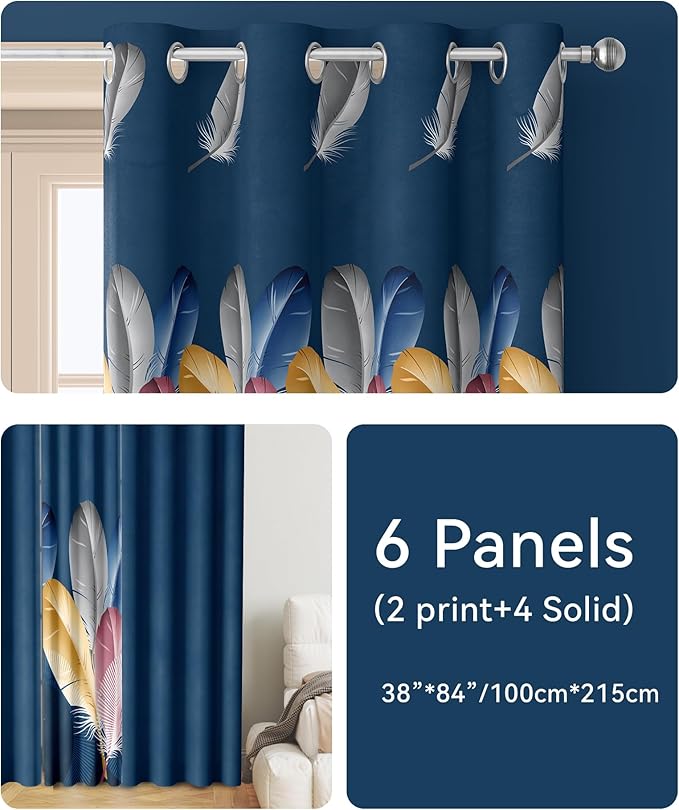 Bedspreads and Matching Curtains, 1 Bedspread 2 Pillowcases 2 Print 4 Solid Curtains, Blue Feather Microfiber California King Bed in a Bag Set, Easy Care for Vacation Home