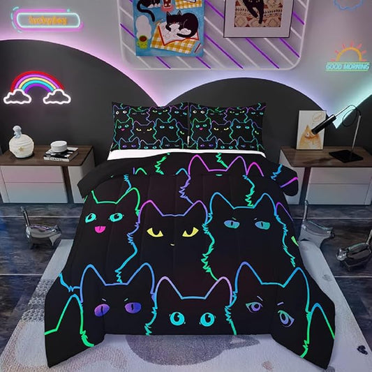 Erosebridal Teen Girl Bedding Full Size Cute Cat Kids Comforter Set Rainbow Line Cats Bedding Sets for Girls Boys Cartoon Kawaii Animal Quilt Set Reversible Black All Season,2 Pillow Cases
