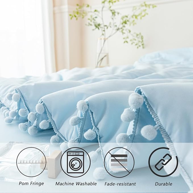 PERFEMET 5 Pieces Twin Bedding Sets Light Blue Pom Pom Comforter Set for Girls Boys Soft Fluffy Solid Boho Bed in A Bag with Comforter and Sheets(Light Blue, Twin)