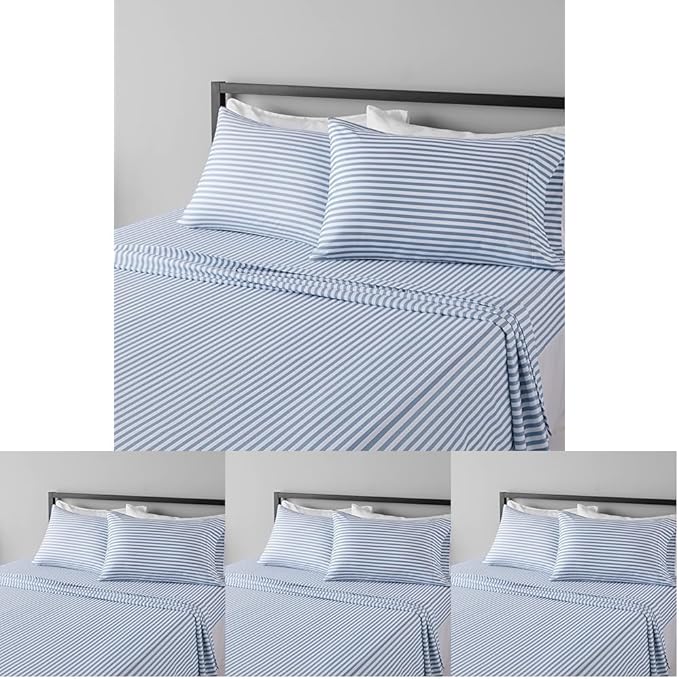 Amazon Basics Lightweight Super Soft Easy Care Microfiber 4 Piece Bed Sheet Set with 14-inch Deep Pockets - Queen,Dusty Blue Pinstripe,Printed,(Pack of 4)