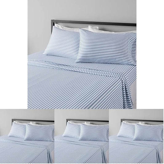 Amazon Basics Lightweight Super Soft Easy Care Microfiber 4 Piece Bed Sheet Set with 14-inch Deep Pockets - Queen,Dusty Blue Pinstripe,Printed,(Pack of 4)