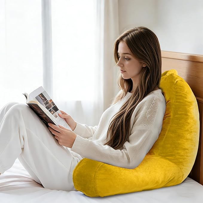 Reading Pillow for Sitting in Bed Adult, X-Large Reading Pillow with Shredded Memory Foam, Back Pillow for Sitting Up with Extend Arms, Pockets, Bed Pillow with Washable Cover, Yellow