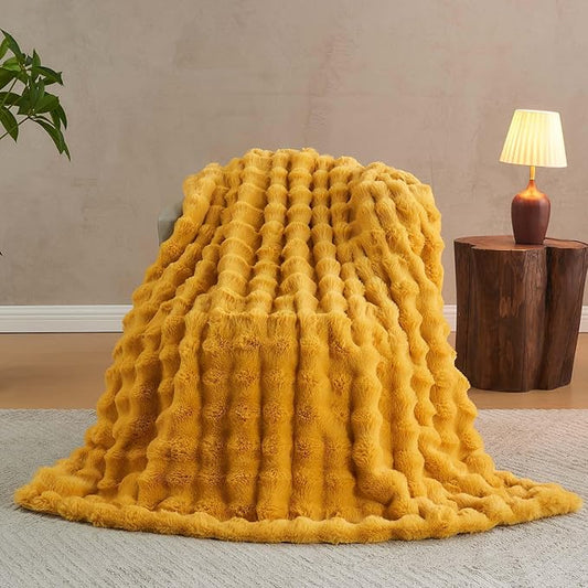 Lotus Karen Faux Fur Throw Blanket Ginger Yellow - Big Bubble Rabbit Fluff Blanket for Couch Bed Sofa,Softest Fluffy Fuzzy Cozy Blanket,Thick Furry Plush Shaggy Warm Blankets for Women,60x80 Inches