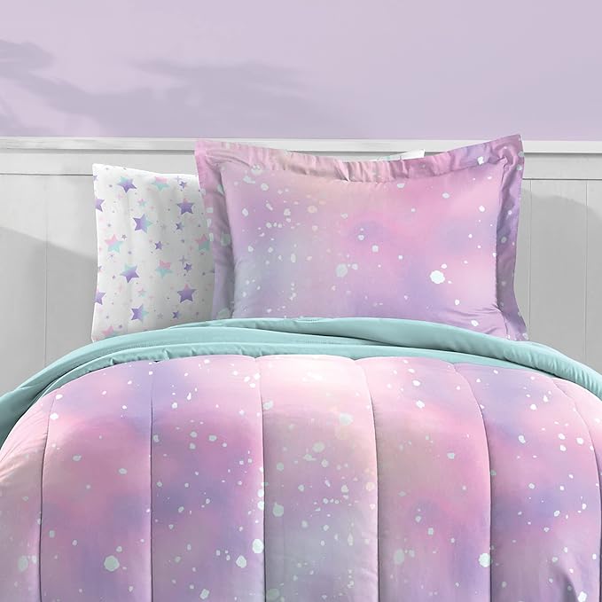 Dream Factory Kids 5-Piece Complete Bed Set Easy-Wash Super Soft Microfiber Comforter Bedding, Twin, Pink Twilight Galaxy Stars