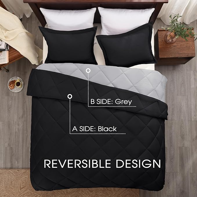 Beyond Basic Twin Comforter Set - Reversible All Seasons, Black/Grey, 1 Comforter (66"x92") and 1 Pillow Sham (20"x26"+2")