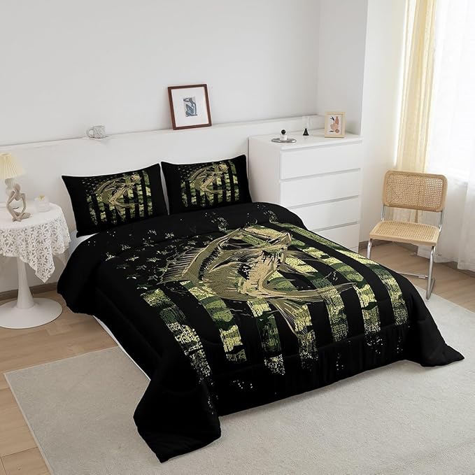 Feelyou Green Black Camouflage Comforter Set Fish Camo American Flag Bedding Set for Women Men Room Farmhouse Fishing Decor Comforter Wild Quilted Set 2Pcs Toddler Size
