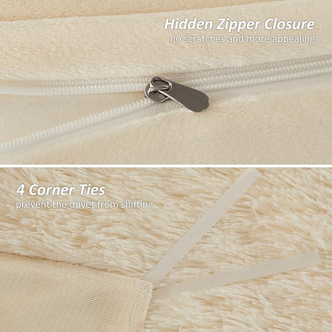 EMME Luxury Fuzzy Duvet Cover Set Twin Size Fluffy Comforter Cover Set for Twin Bed 2 Pieces Shaggy and Plush Soft Bedding Duvet Covers (Cream White, Twin)