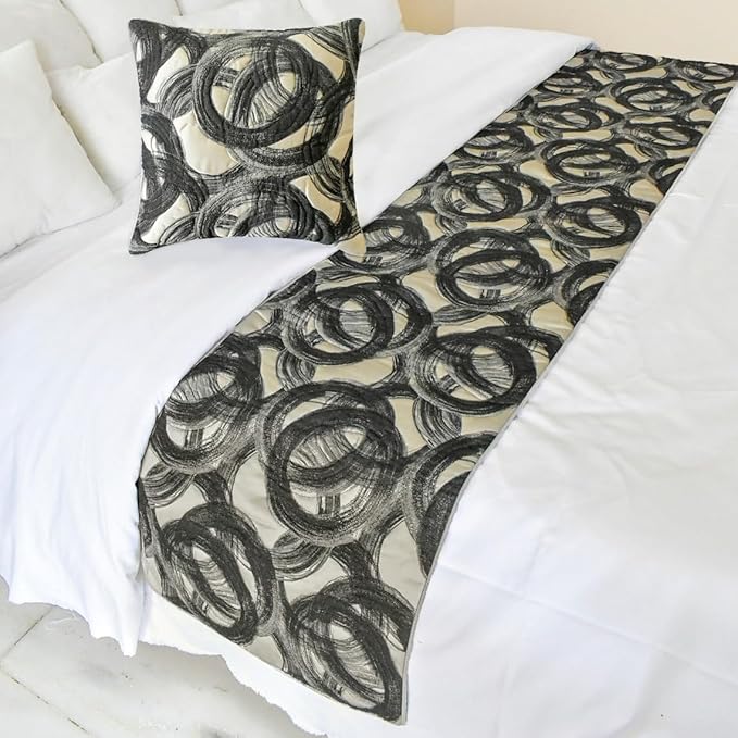 The HomeCentric King/Queen/Twin Black Decorative CA King 86"x18" Bed Runner Without Pillow Cover, Circle, Rings, Quilted Bed Scarf on Jacquard Fabric - Circlewise