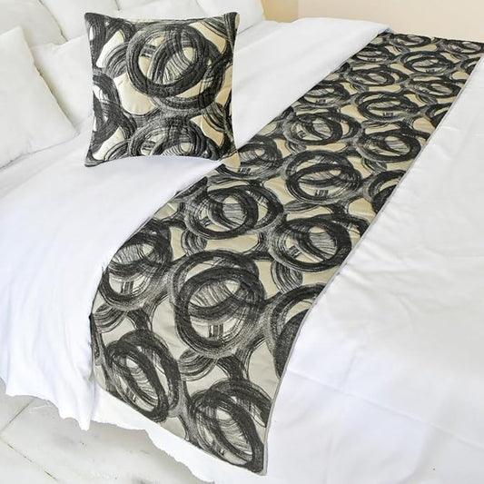 The HomeCentric King/Queen/Twin Black Designer Queen 74"x18" Bed Runner Without Pillow Cover, Circle, Rings, Quilted Bed Scarf on Jacquard Fabric - Circlewise