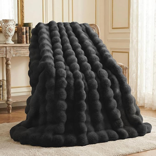 L'AGRATY Faux Rabbit Fur Blanket: 50" x 60" Luxury Soft Fluffy Thick Fur Throw Blanket for Couch Bed Sofa - Cozy Plush Bubble Blankets for Winter: Warm Flannel Fleece Decorative Blanket(Black)