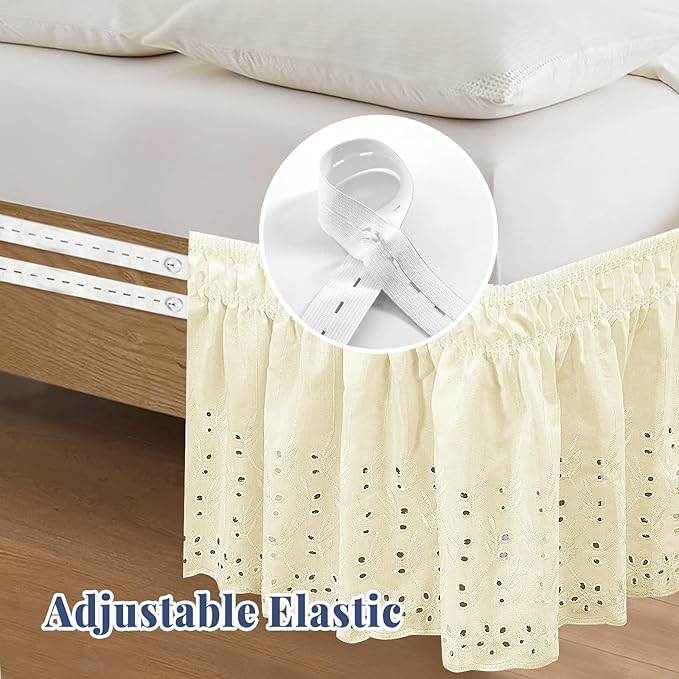 Queen Bed Skirt, Wrap-Around Elastic Ruffled Eyelet Bed Skirt Queen Size Dust Ruffle with Gathered Styling and Embroidered Details, 14" Drop Length (Light Yellow)