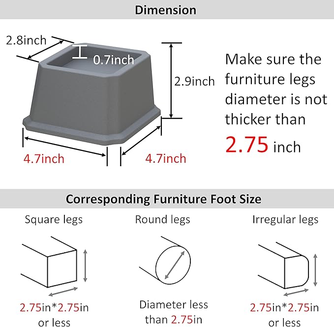 Bed Risers 2 Inch Heavy Duty Bed Elevators, Set of 6 Lifts Up 2000 lbs Furniture Riser for Sofa and Table, Gray