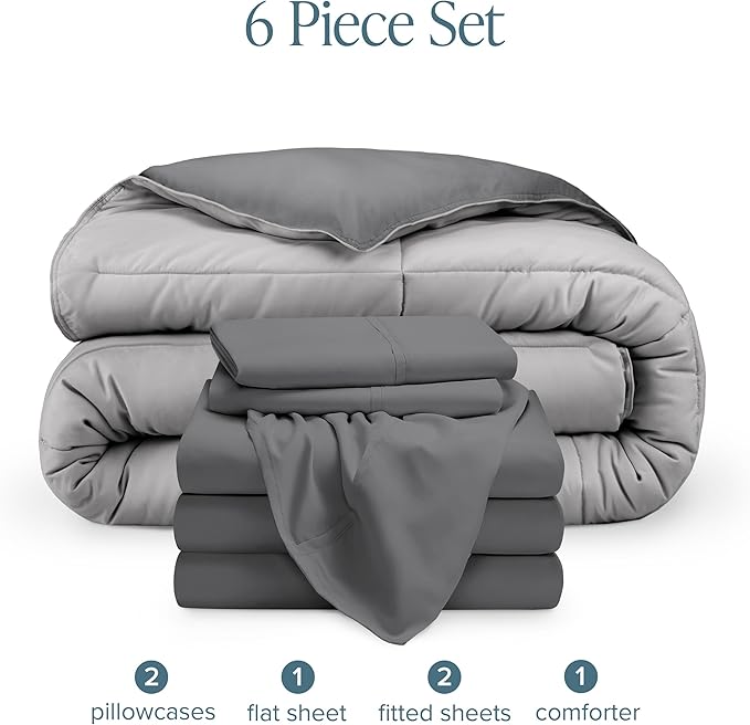 Bare Home Reversible Bed-in-A-Bag Comforter & Sheet Set - Split Queen - Down Alternative - Soft - Bedding Set (Split Queen, Grey/Light Grey)
