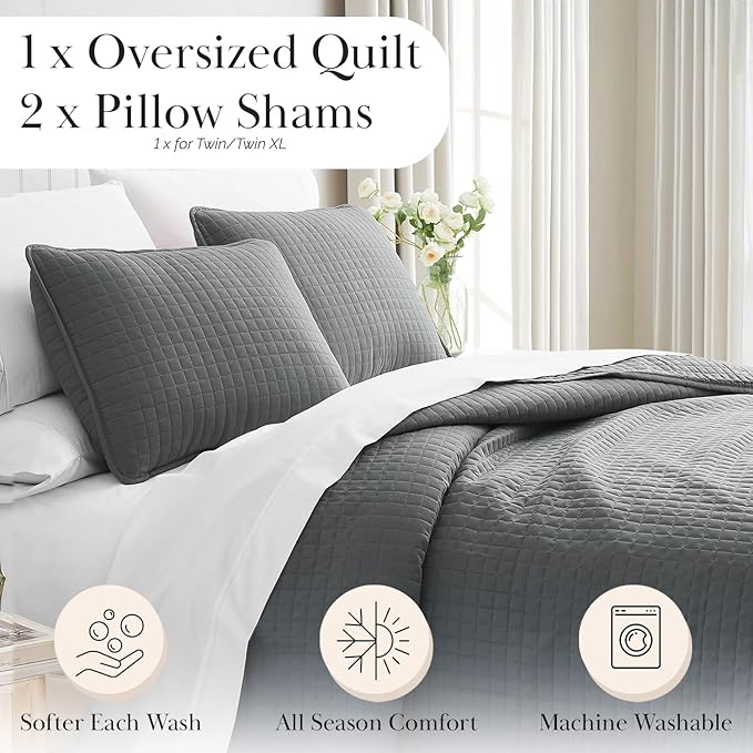 Southshore Fine Living, Inc. Twin Summer Quilts Set, Quilted Grey Bedspread Twin/XL Quilts with Matching Pillow Sham, Soft Microfiber, Lightweight Quilt Coverlet Set, Easy Care, Slate Grey