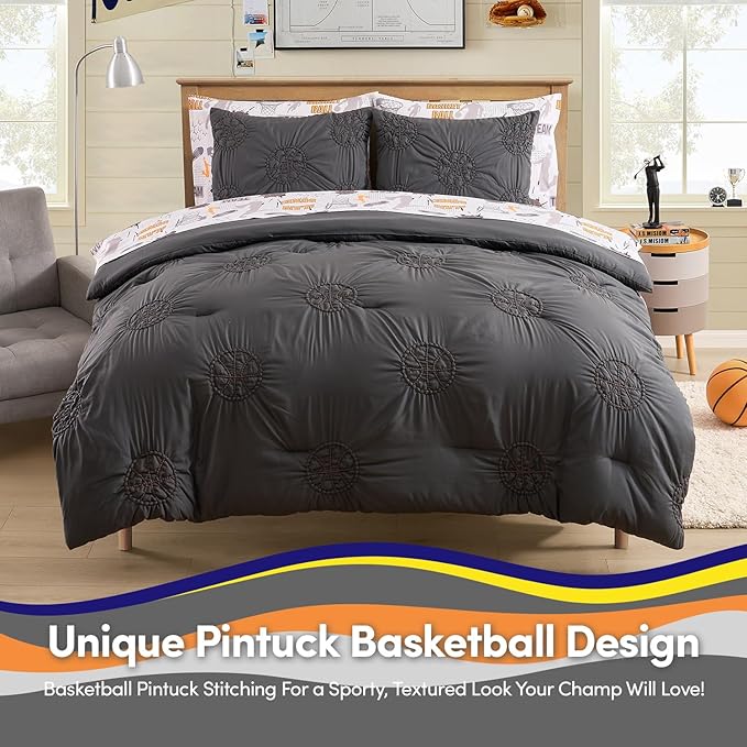 Basketball Pintuck Comforter Set Full Size – Bed in a Bag with Sheets, Pillowcases & Shams – Soft Stylish Sports Bedding – All Season Boys Basketball Bed Set